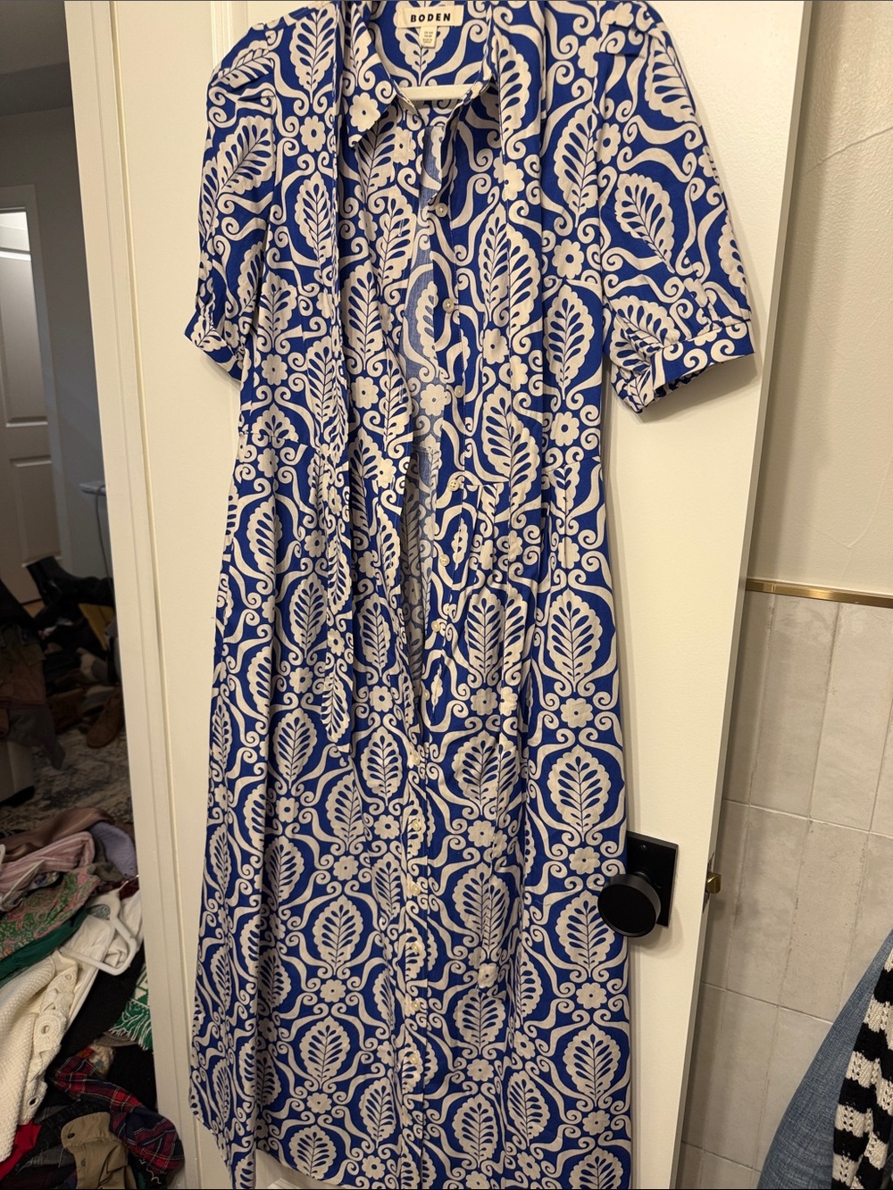 Boden Blue and White Short-Sleeve Button-Front Midi Dress